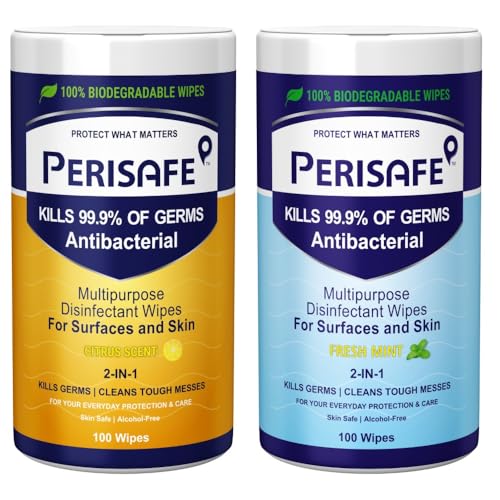 PERISAFE Multipurpose Disinfectant Wipes For Surfaces & Skin-Combo Pack 100 Wipes Each | 100% Biodegradable | Antibacterial | 2-IN-1- Kills Germs & Cleans Tough Messes | Citrus-Fresh Mint - Image 1