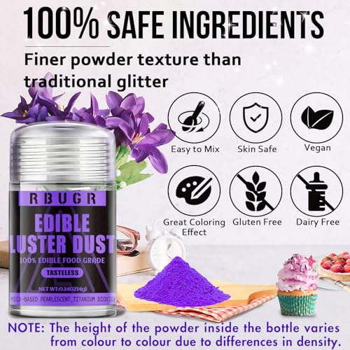 RBUGR Luster Dust Edible, 12 Colors Edible Glitter Pack, Cocktail Food Glitter Edible Dust, Vegan Edible Shimmer, Drink Powder for Cakes Cookies Chocolates Baking（4g/0.14oz） - Image 2
