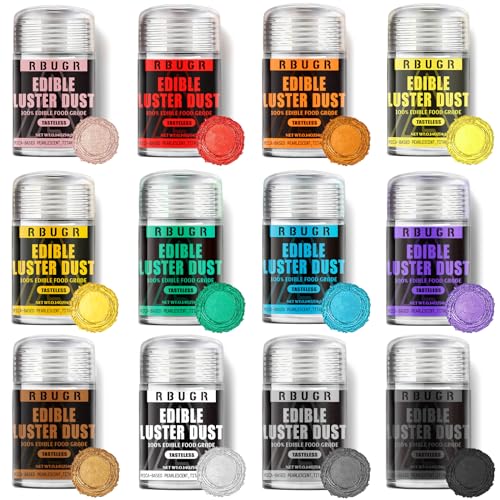 RBUGR Luster Dust Edible, 12 Colors Edible Glitter Pack, Cocktail Food Glitter Edible Dust, Vegan Edible Shimmer, Drink Powder for Cakes Cookies Chocolates Baking（4g/0.14oz） - Image 1