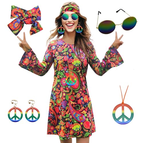 MRYUWB 70s Hippie Dress Costumes Necklace Earrings Sunglass Women Disco Outfit, 60s Party Costume, Halloween Retro Dresses (Retro Flowers, Small) - Image 1