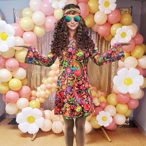 MRYUWB 70s Hippie Dress Costumes Necklace Earrings Sunglass Women Disco Outfit, 60s Party Costume, Halloween Retro Dresses (Retro Flowers, Small) - Image 5