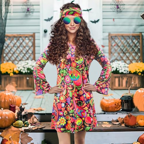 MRYUWB 70s Hippie Dress Costumes Necklace Earrings Sunglass Women Disco Outfit, 60s Party Costume, Halloween Retro Dresses (Retro Flowers, Small) - Image 4