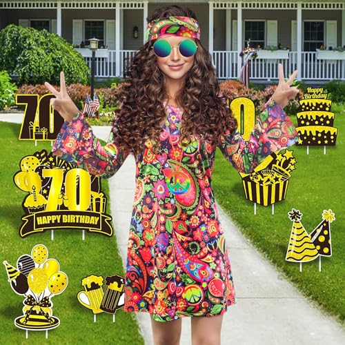 MRYUWB 70s Hippie Dress Costumes Necklace Earrings Sunglass Women Disco Outfit, 60s Party Costume, Halloween Retro Dresses (Retro Flowers, Small) - Image 2