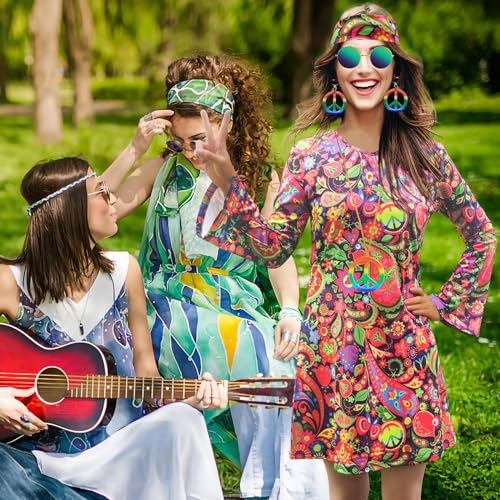 MRYUWB 70s Hippie Dress Costumes Necklace Earrings Sunglass Women Disco Outfit, 60s Party Costume, Halloween Retro Dresses (Retro Flowers, Small) - Image 3