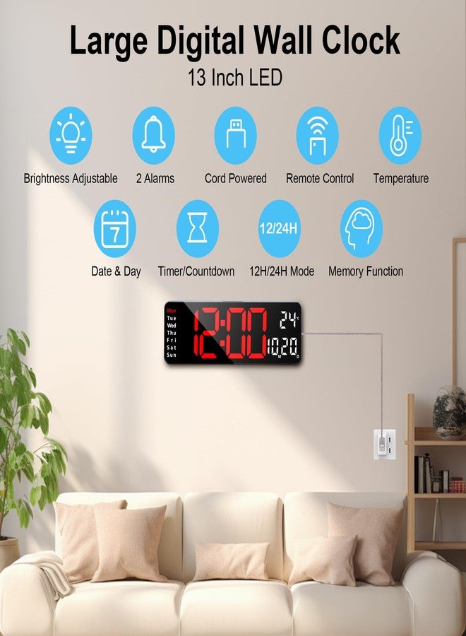 Lafocuse 13 Inch Silent Digital Wall Clock Red Large Display with Date Week Temperature, LED Clock with Remote Control for Living Room Decor Office Kitchen, Automatic Brightness Dimmer, Countdown - Image 2