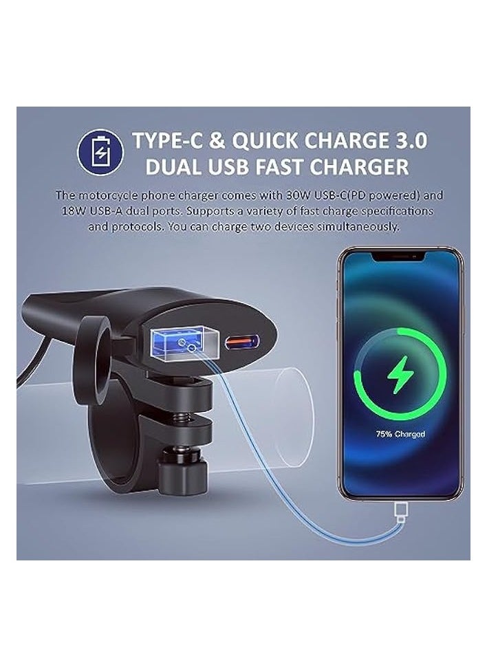 erorex Motorcycle Phone Charger, Dual USB Fast Charger, 30W PD USB C & Quick Charge 3.0 Motorcycle USB Charger, Waterproof Motorcycle Handlebar Adapter Charger  - Image 3
