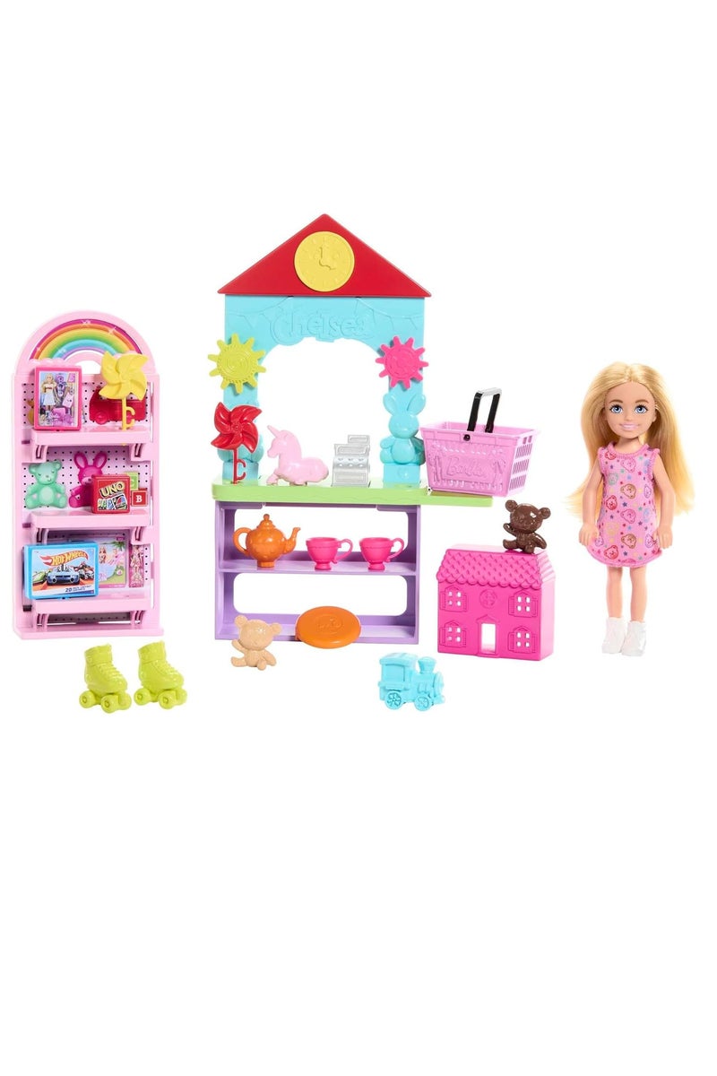 باربي تشيلسي كان بي... مجموعة ألعاب متجر الألعاب مع دمية شقراء صغيرة، وأثاث متجر، و15 ملحقًا - Image 1