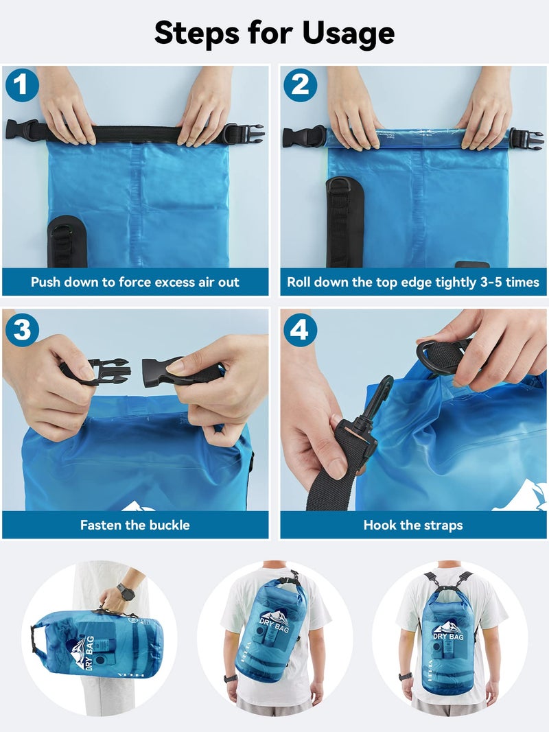 HEETA Dry Bag Waterproof for Women Men, Roll Top Lightweight Dry Storage Bag Backpack with Phone Case for Travel, Swimming, Boating, Kayaking, Camping and Beach (Transparent Blue, 10L) - Image 5