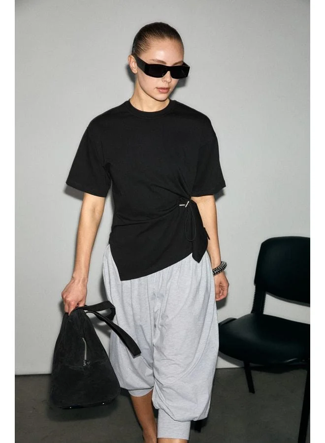 Grimelange CORIAN Women's Organic Cotton Round Collar Blouse with Ruffle and Cord Detail in Regular Black.