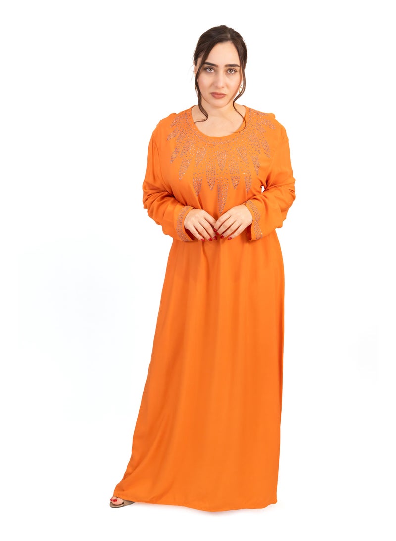 لـيـنـيـل Linelle Orange Cotton Rayon Jalabiya with Stone Embellishment - Image 1
