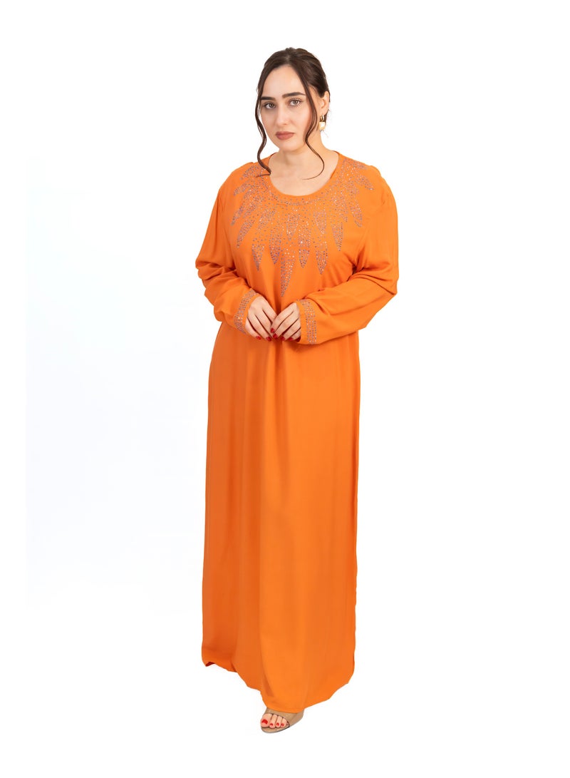 لـيـنـيـل Linelle Orange Cotton Rayon Jalabiya with Stone Embellishment - Image 2