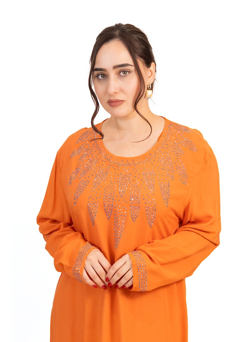 لـيـنـيـل Linelle Orange Cotton Rayon Jalabiya with Stone Embellishment - Image 3
