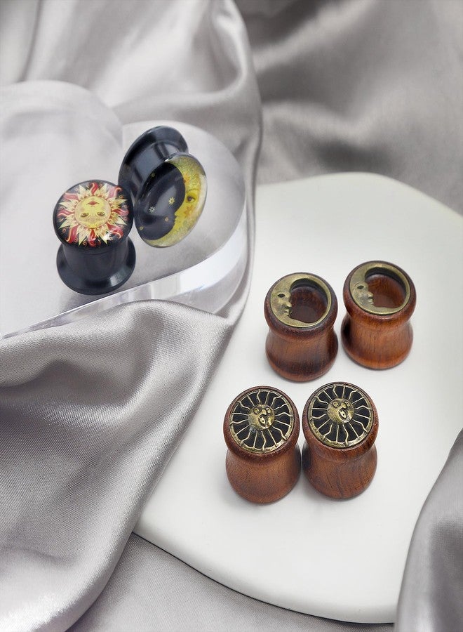 Qmcandy 6pcs 5/8 inch Sun Moon Natural Wood Plugs Acrylic Screw Ear Tunnels Plugs Expander Set Piercing - Image 3