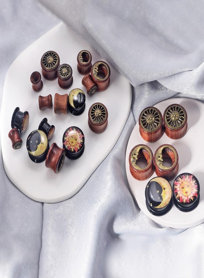 Qmcandy 6pcs 5/8 inch Sun Moon Natural Wood Plugs Acrylic Screw Ear Tunnels Plugs Expander Set Piercing - Image 4
