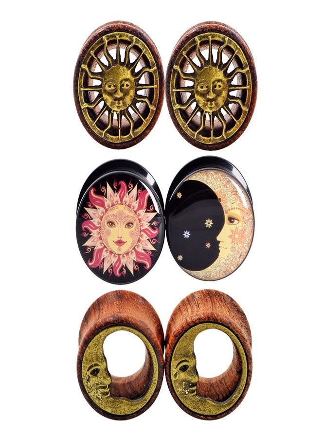 Qmcandy 6pcs 5/8 inch Sun Moon Natural Wood Plugs Acrylic Screw Ear Tunnels Plugs Expander Set Piercing - Image 1