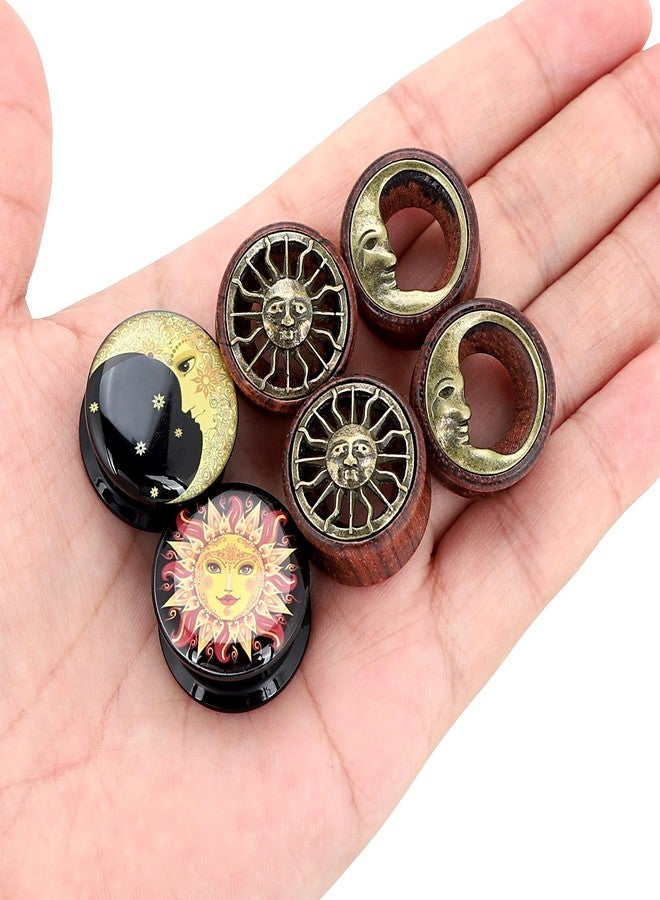 Qmcandy 6pcs 5/8 inch Sun Moon Natural Wood Plugs Acrylic Screw Ear Tunnels Plugs Expander Set Piercing - Image 2