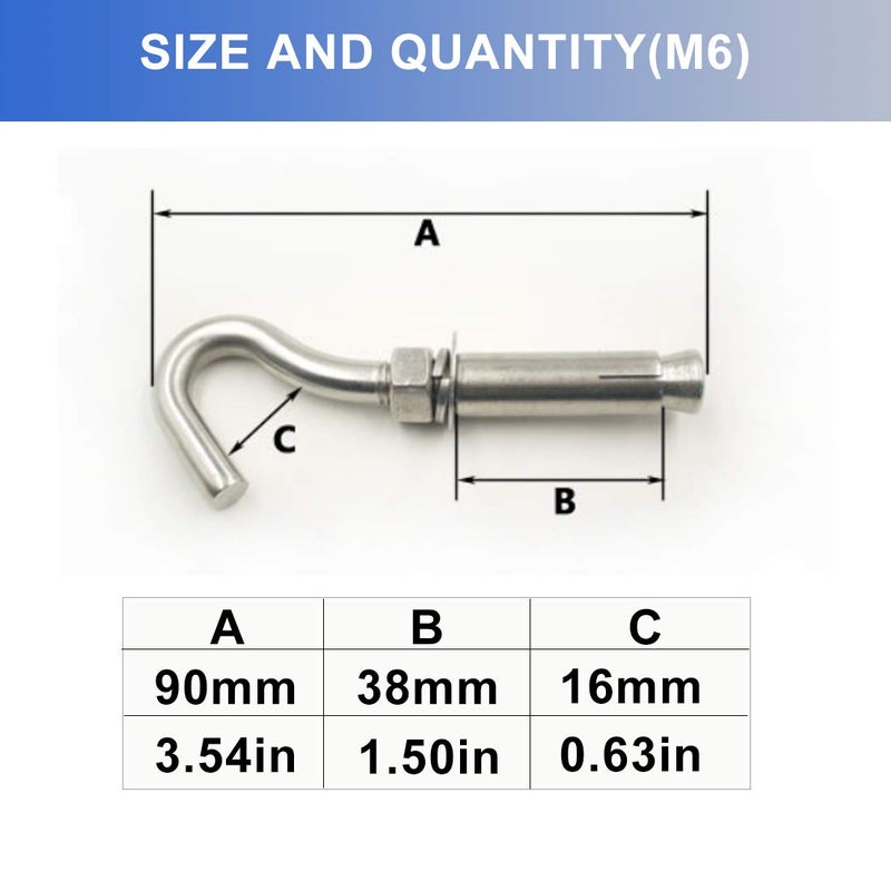 Amycheer M6 Open Cup Hook Expansion Bolt Screws 304 Stainless Steel Anchor Ceiling Hook Bolts Heavy Duty Bolts 5 Pack - Image 2