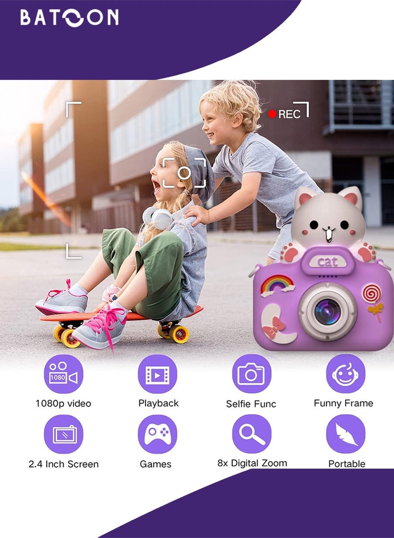 باتون كاميرا أطفال، صور بدقة 48 ميجابكسل، تقريب رقمي 8x، كاميرا فيديو رقمية عالية الدقة 1080 بكسل، مناسبة للأولاد/البنات من سن 3 إلى 12 عامًا، هدايا أعياد ميلاد ومناسبات للأطفال، بطاقة SD سعة 64 جيجابايت مع قارئ بطاقات (قطة بنفسجية كبيرة الرأس) - Image 4