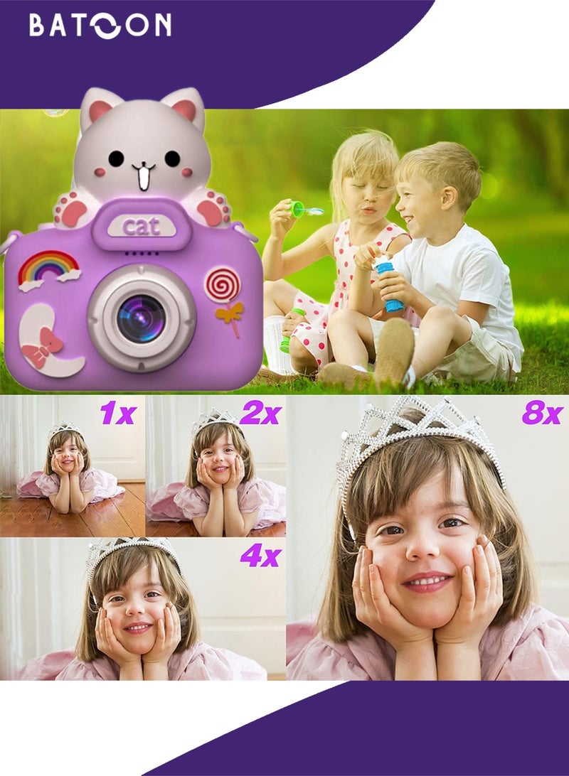 باتون كاميرا أطفال، صور بدقة 48 ميجابكسل، تقريب رقمي 8x، كاميرا فيديو رقمية عالية الدقة 1080 بكسل، مناسبة للأولاد/البنات من سن 3 إلى 12 عامًا، هدايا أعياد ميلاد ومناسبات للأطفال، بطاقة SD سعة 64 جيجابايت مع قارئ بطاقات (قطة بنفسجية كبيرة الرأس) - Image 2