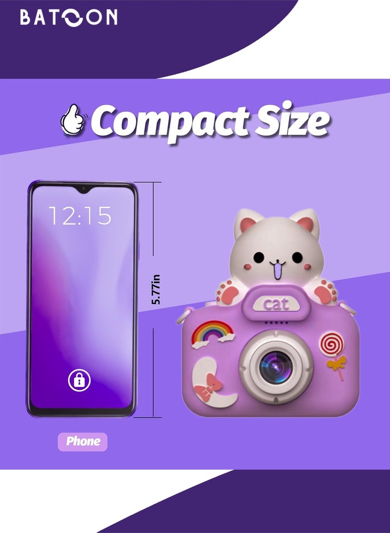 باتون كاميرا أطفال، صور بدقة 48 ميجابكسل، تقريب رقمي 8x، كاميرا فيديو رقمية عالية الدقة 1080 بكسل، مناسبة للأولاد/البنات من سن 3 إلى 12 عامًا، هدايا أعياد ميلاد ومناسبات للأطفال، بطاقة SD سعة 64 جيجابايت مع قارئ بطاقات (قطة بنفسجية كبيرة الرأس) - Image 5