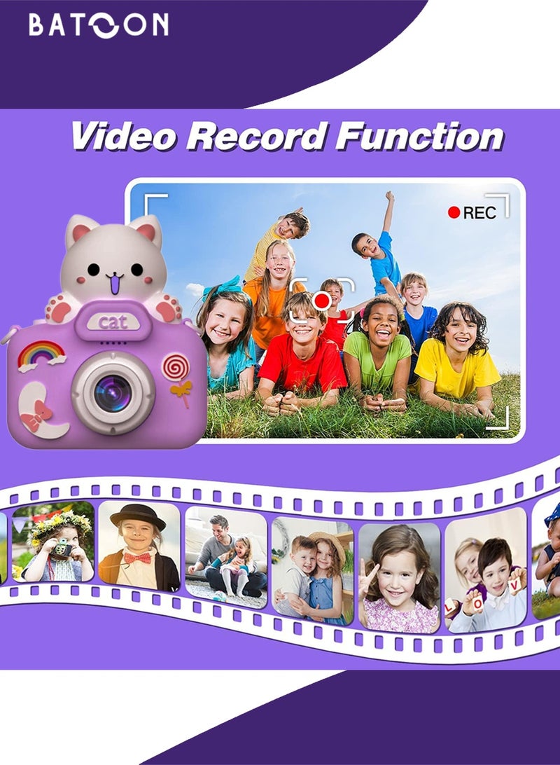 باتون كاميرا أطفال، صور بدقة 48 ميجابكسل، تقريب رقمي 8x، كاميرا فيديو رقمية عالية الدقة 1080 بكسل، مناسبة للأولاد/البنات من سن 3 إلى 12 عامًا، هدايا أعياد ميلاد ومناسبات للأطفال، بطاقة SD سعة 64 جيجابايت مع قارئ بطاقات (قطة بنفسجية كبيرة الرأس) - Image 3