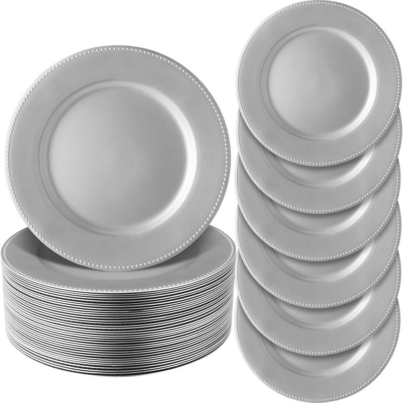 Jinei 36 Pack Beaded Charger Plates 13 Inch Round Silver Charger Plates Vintage Table Decoration Reusable Dinner Tray for Table Wedding Halloween Thanksgiving Christmas Party Decoration - Image 1
