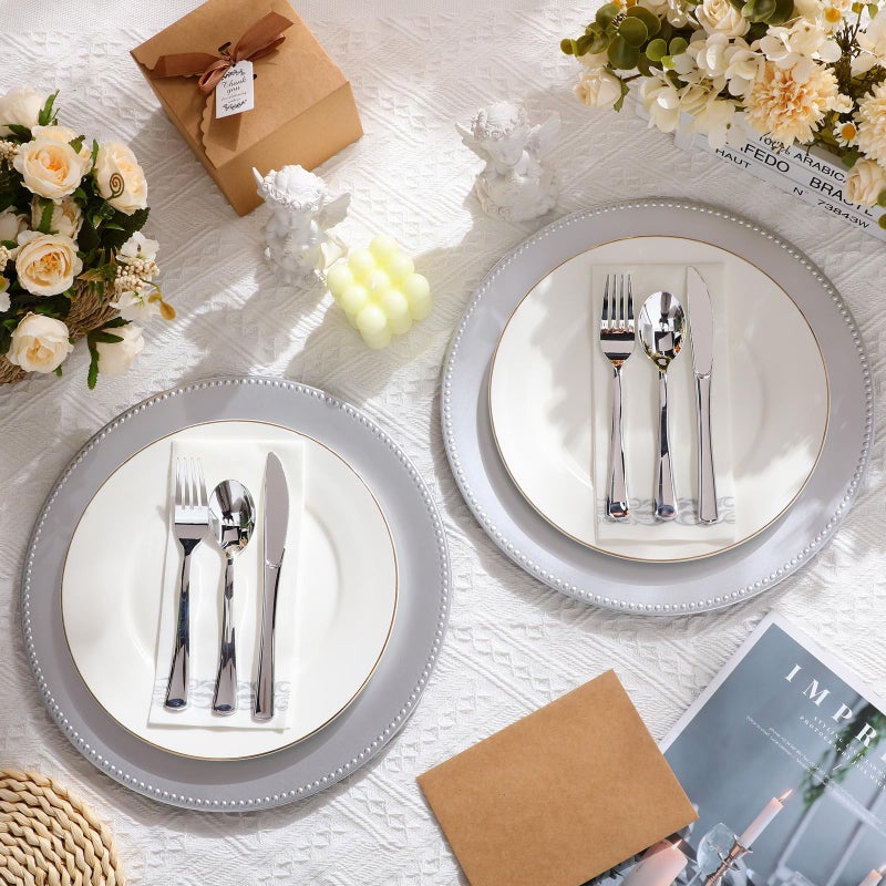 Jinei 36 Pack Beaded Charger Plates 13 Inch Round Silver Charger Plates Vintage Table Decoration Reusable Dinner Tray for Table Wedding Halloween Thanksgiving Christmas Party Decoration - Image 5