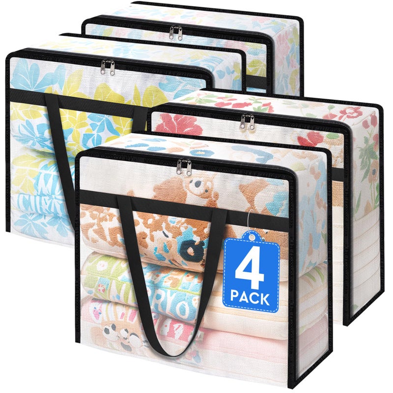 TasticTotes 4 Pack Clear Storage Bags for Comforter, Clothes & Bedding, Plastic Blanket Storage with Zipper and Handle, Moving Bags, Closet Organizer and Under-Bed Storage (60L) - Image 1