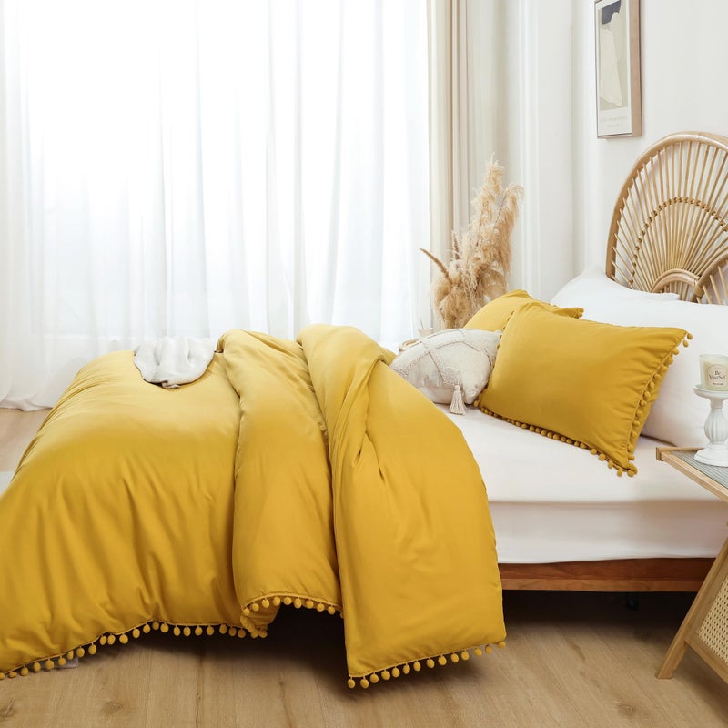 YIRDDEO Queen Comforter Set - Comforter Queen Size Sets with Ball Pom Fringe, Soft Bedding Set for All Seasons - 3 Pieces, 1 Comforter (90"x90") & 2 Pillow Shams (20"x26"), Mustard Yellow - Image 5