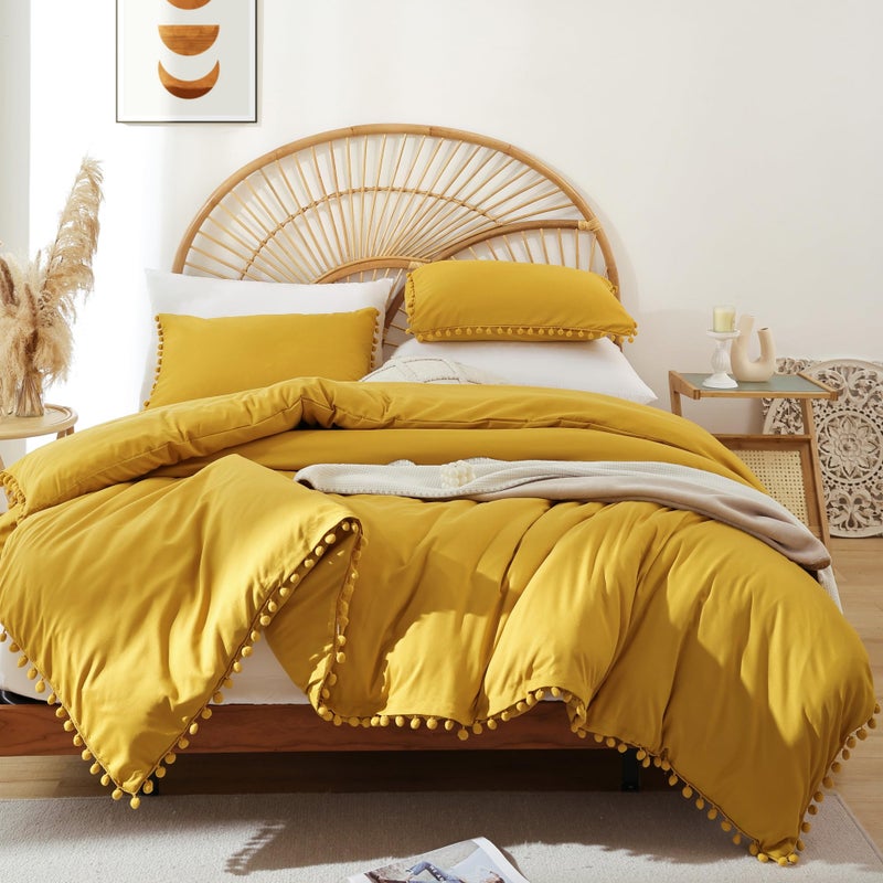 YIRDDEO Queen Comforter Set - Comforter Queen Size Sets with Ball Pom Fringe, Soft Bedding Set for All Seasons - 3 Pieces, 1 Comforter (90"x90") & 2 Pillow Shams (20"x26"), Mustard Yellow - Image 2