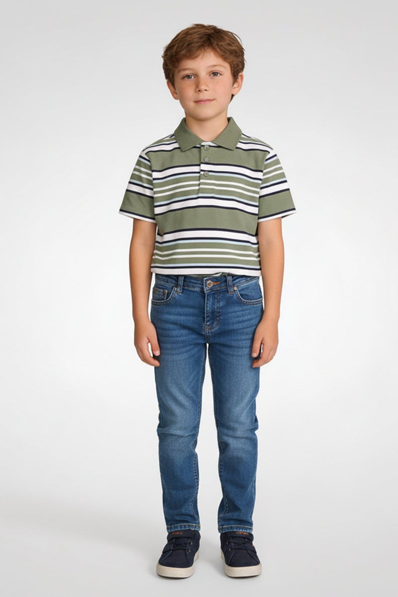 Hawk Kids Boy Spread Collar Short Sleeve Stripe Polo Shirt, Multicolor - Image 1