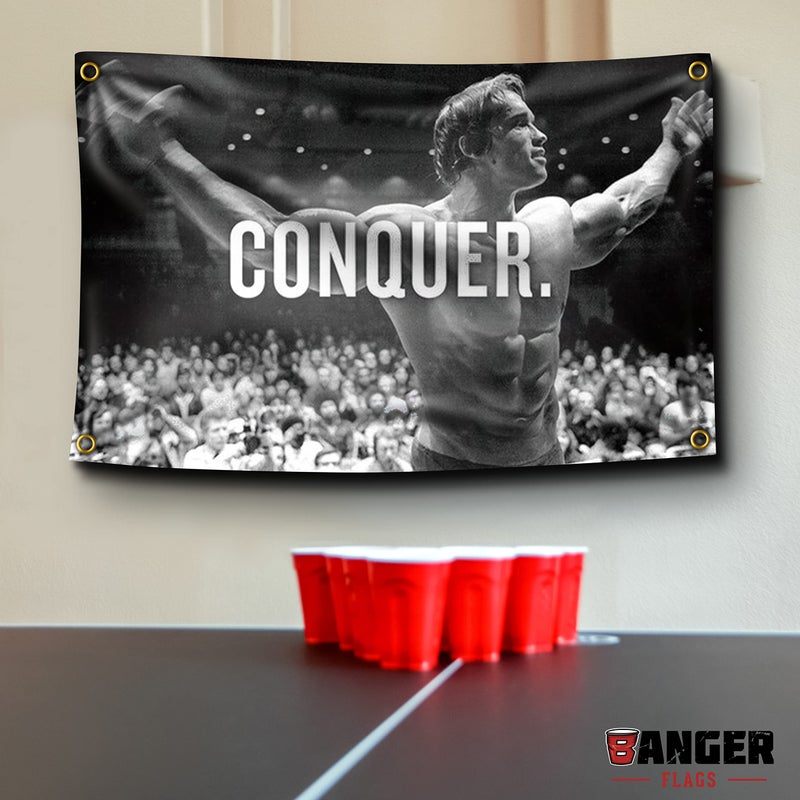 Banger Flags Banger - Original Arnold Schwarzenegger Conquer Motivational Inspirational Office Gym Dorm Wall Decor Design on a 3X5 Feet Flag with 4 Grommets for Easy Hanging. Authentic BANGER FLAG - Image 4