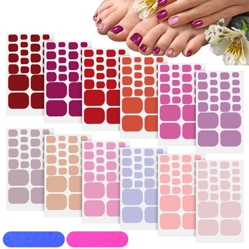 Leelosp 264 Pieces 12 Sheets Toenail Polish Stickers Strips Full Toe Nail Wraps Adhesive Toe Wraps DIY Solid Color Manicure Decal with 2 Pieces Nail Files for WomenBright Colors 