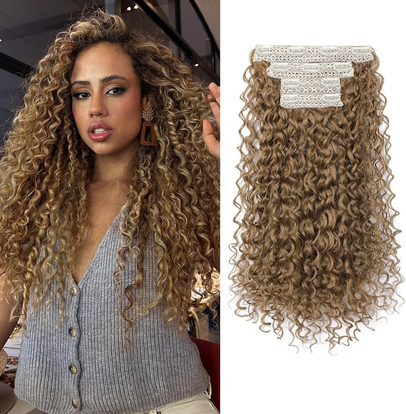 Flufymooz Clip in Hair Extensions, 4PC 100％ Pure Protein Silk Hair Extensions Long Soft Natural Hairpiece 20 Inch Curly Hair Extension for Women Deep Dirty Blonde - Image 1