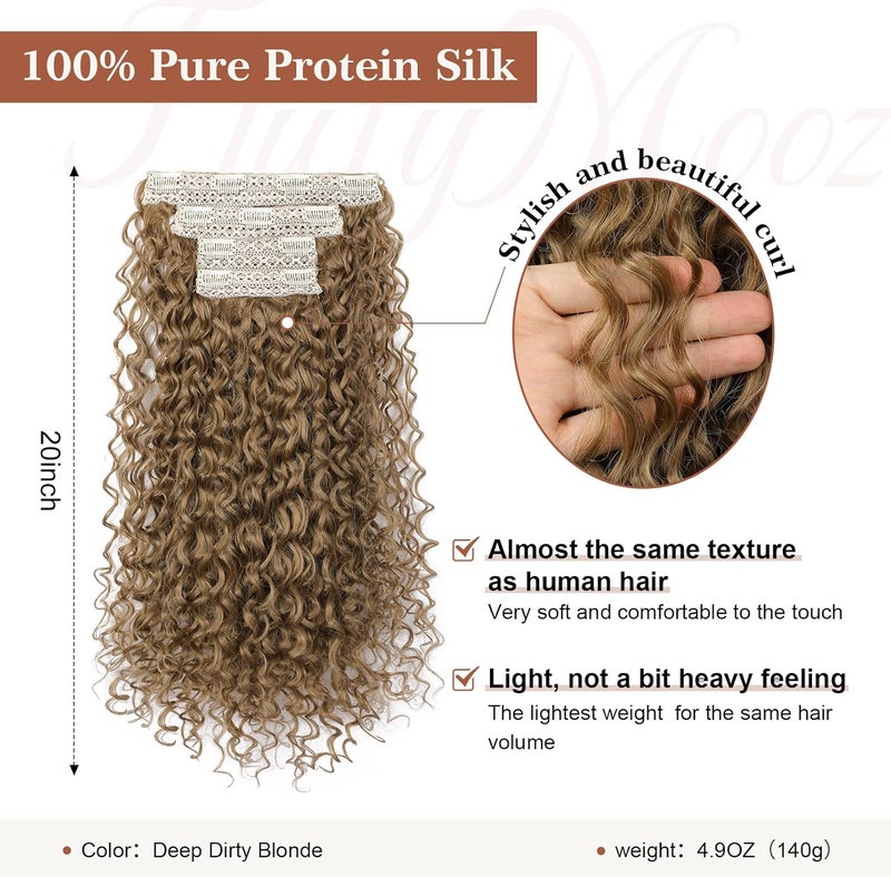 Flufymooz Clip in Hair Extensions, 4PC 100％ Pure Protein Silk Hair Extensions Long Soft Natural Hairpiece 20 Inch Curly Hair Extension for Women Deep Dirty Blonde - Image 2