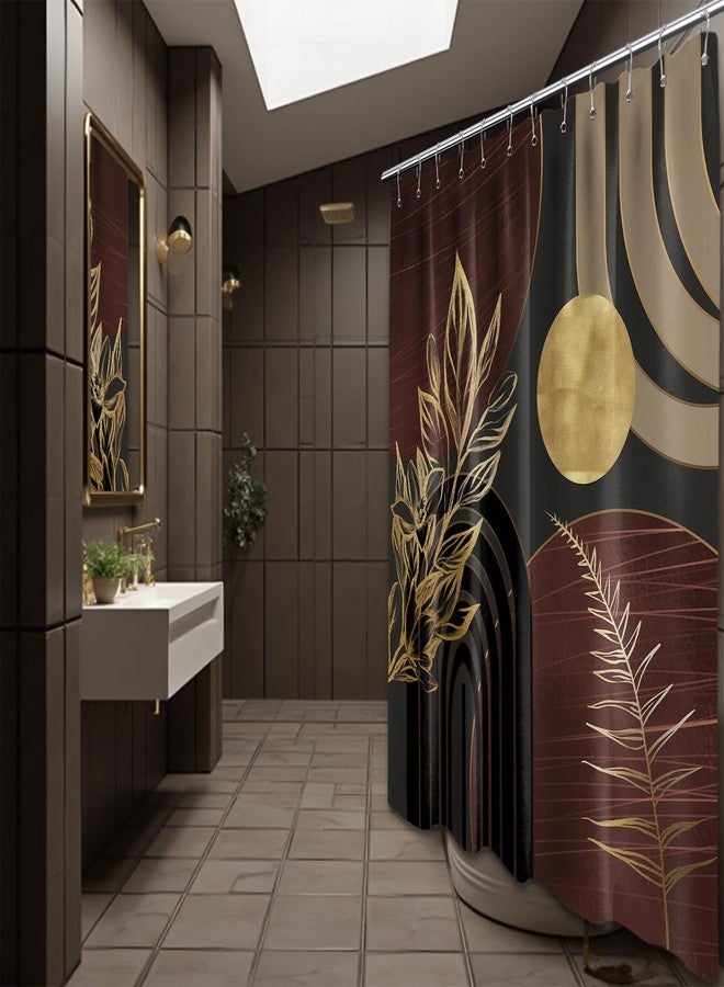 QGHOT Dark Brown and Black Shower Curtain Boho Mid Century Gold and Brown Shower Curtains for Bathroom Decor, Waterproof Cloth Fabric with Hooks, 70" W x 72" L - Image 3