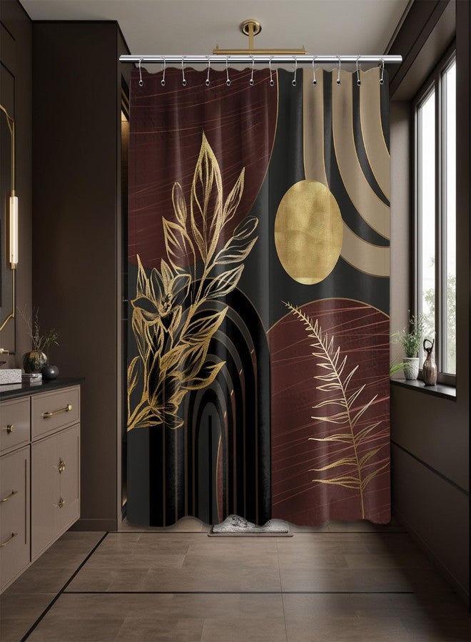 QGHOT Dark Brown and Black Shower Curtain Boho Mid Century Gold and Brown Shower Curtains for Bathroom Decor, Waterproof Cloth Fabric with Hooks, 70" W x 72" L - Image 2