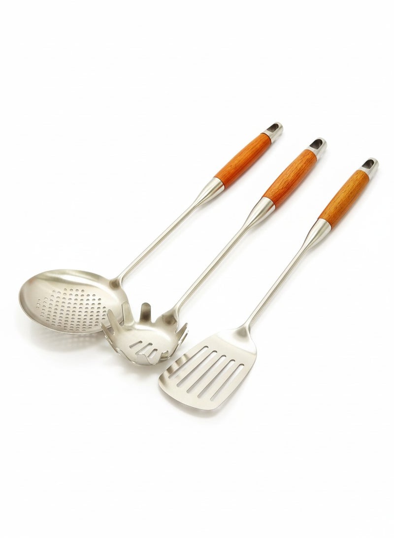 British Chef 3 Pcs Stainless Steel Kitchen Utensils/Spoon Set | Wooden Handle | Long Handle Spoons | Slotted Ladle/Turner/Pasta Spoons | Skimmer | Turner | Pasta Spoon/Fork/Ladle | BC315+BC316+BC317 - Image 1