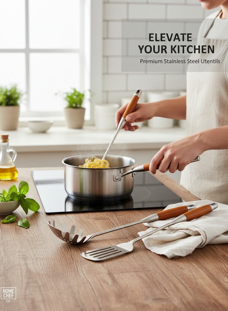 British Chef 3 Pcs Stainless Steel Kitchen Utensils/Spoon Set | Wooden Handle | Long Handle Spoons | Slotted Ladle/Turner/Pasta Spoons | Skimmer | Turner | Pasta Spoon/Fork/Ladle | BC315+BC316+BC317 - Image 2