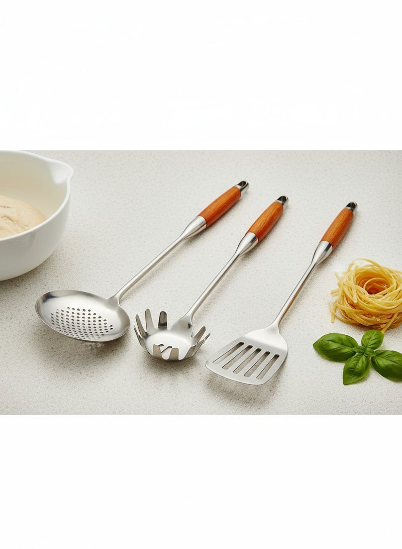 British Chef 3 Pcs Stainless Steel Kitchen Utensils/Spoon Set | Wooden Handle | Long Handle Spoons | Slotted Ladle/Turner/Pasta Spoons | Skimmer | Turner | Pasta Spoon/Fork/Ladle | BC315+BC316+BC317 - Image 4