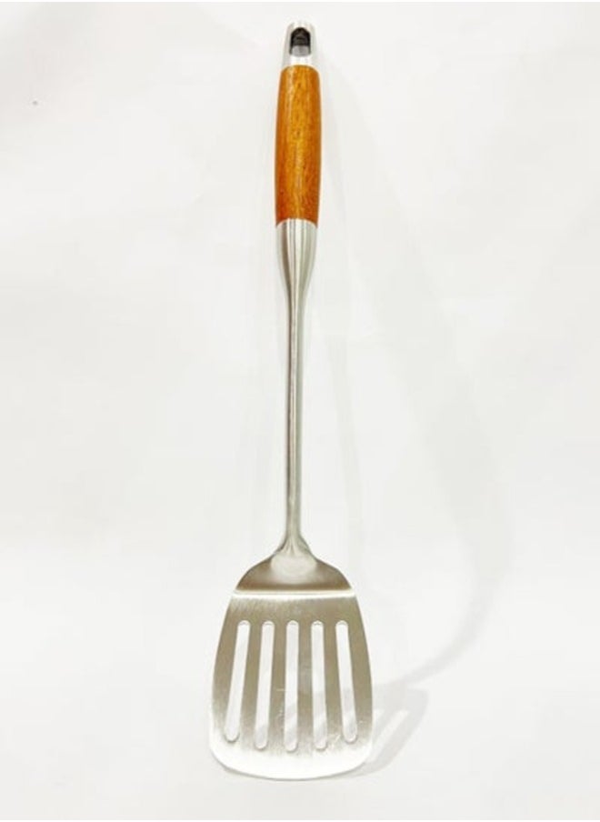 British Chef - 3 Pcs Stainless Steel Kitchen Utensils/Spoon Set | Wooden Handle | Long Handle Spoons | Slotted Ladle/Turner/Pasta Spoons | Skimmer | Turner | Pasta Spoon/Fork/Ladle | BC315+BC316+BC317 - Image 1
