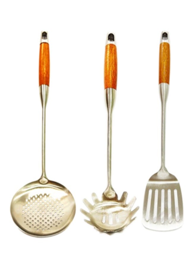 British Chef - 3 Pcs Stainless Steel Kitchen Utensils/Spoon Set | Wooden Handle | Long Handle Spoons | Slotted Ladle/Turner/Pasta Spoons | Skimmer | Turner | Pasta Spoon/Fork/Ladle | BC315+BC316+BC317 - Image 1