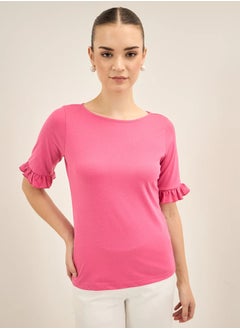 Salt Attire Women's Chic Boat Neckline Top with Elegant Elbow Length Ruffled Sleeves in Regular Fit A Perfect Blend of Comfort and Style for Effortless Everyday Fashion  - Image 1