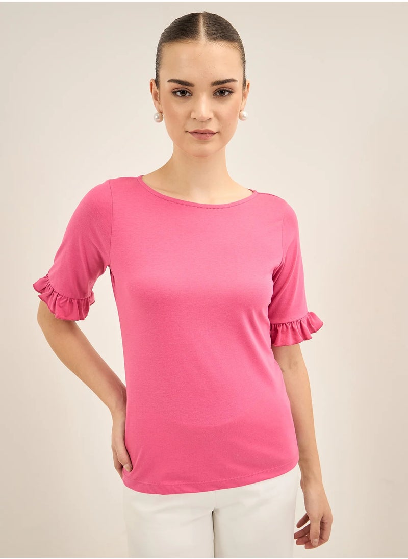 Salt Attire Chic Boat Neckline Top with Elegant Elbow Length Ruffled Sleeves in Regular Fit A Perfect Blend of Comfort and Style for Effortless Everyday Fashion  - Image 1