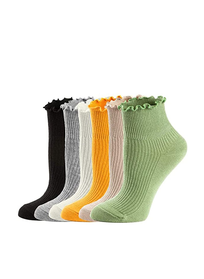 SYOSI Womens Ankle Casual Socks, Ruffle Turn-Cuff Casual Ankle Socks Summer Cotton Knit Lettuce Low Cut/ Crew / Dress Colorful Sock 6 Pack - Image 1
