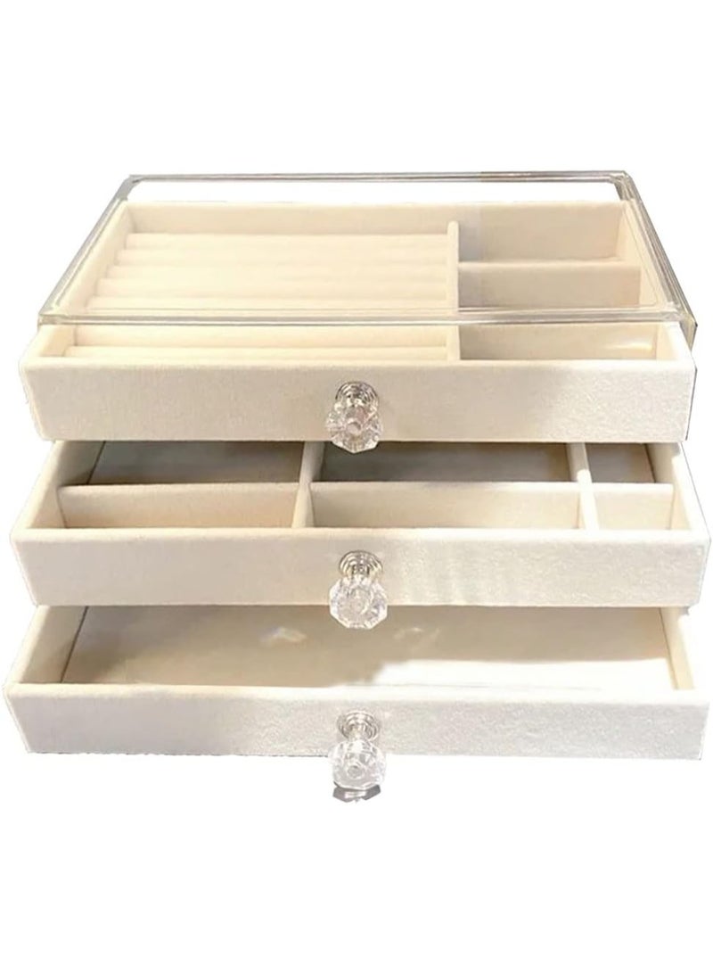 علبة تنظيم مجوهرات 3 أدراج بغطاء شفاف – بطانة مخمل مع صفوف خواتم وفواصل، مقابض بشكل كريستال – أبيض/عاجي - Image 1