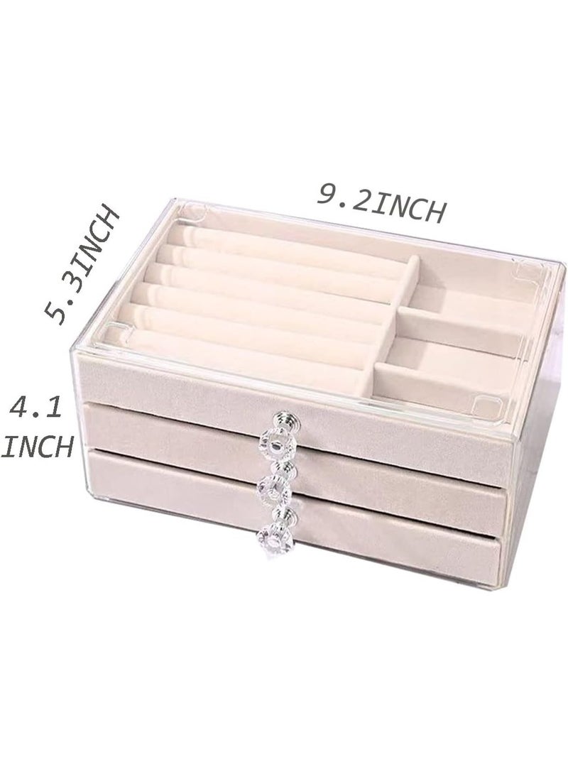 علبة تنظيم مجوهرات 3 أدراج بغطاء شفاف – بطانة مخمل مع صفوف خواتم وفواصل، مقابض بشكل كريستال – أبيض/عاجي - Image 2
