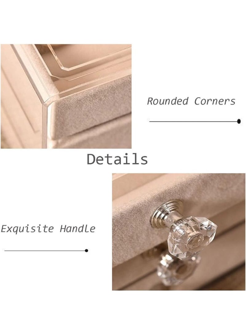 علبة تنظيم مجوهرات 3 أدراج بغطاء شفاف – بطانة مخمل مع صفوف خواتم وفواصل، مقابض بشكل كريستال – أبيض/عاجي - Image 3