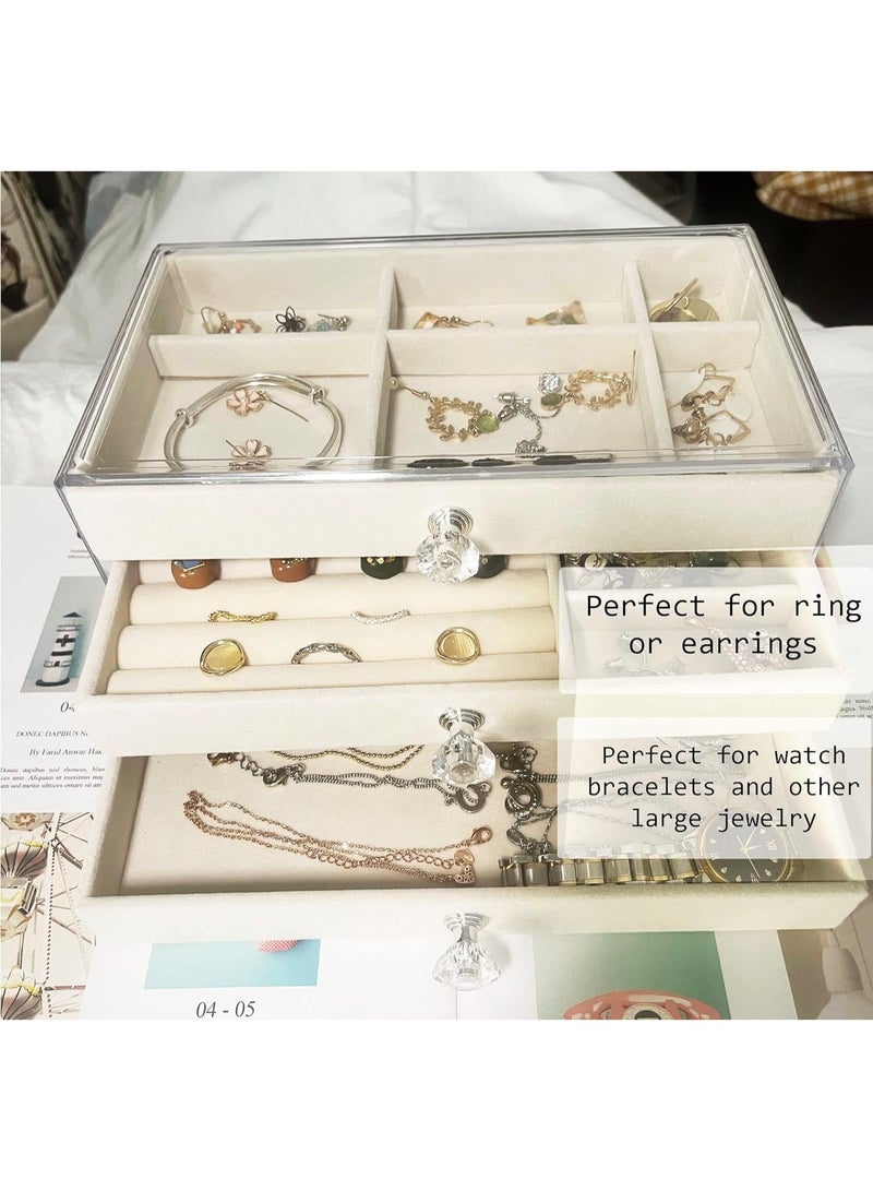علبة تنظيم مجوهرات 3 أدراج بغطاء شفاف – بطانة مخمل مع صفوف خواتم وفواصل، مقابض بشكل كريستال – أبيض/عاجي - Image 4