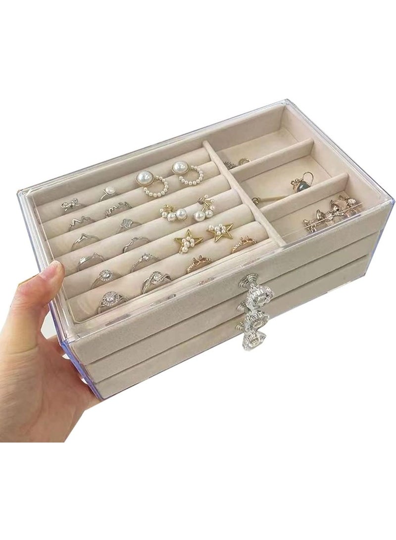 علبة تنظيم مجوهرات 3 أدراج بغطاء شفاف – بطانة مخمل مع صفوف خواتم وفواصل، مقابض بشكل كريستال – أبيض/عاجي - Image 5